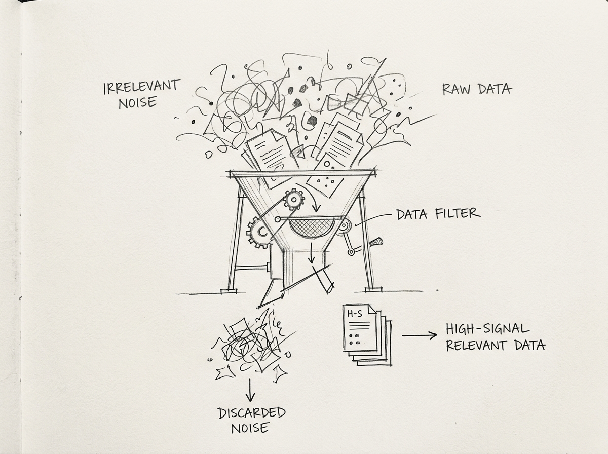 Pencil sketch showing filtering raw noise to extract high signal